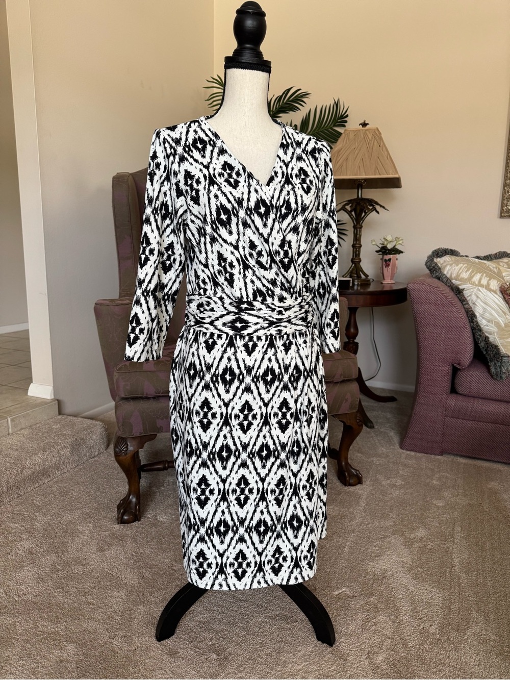J. McLaughlin Black and White Ikat Wrap Dress